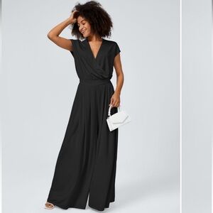 Halara V Neck Short Sleeve Side Pocket Wide Leg Flowy Waffle Casual Jumpsuit